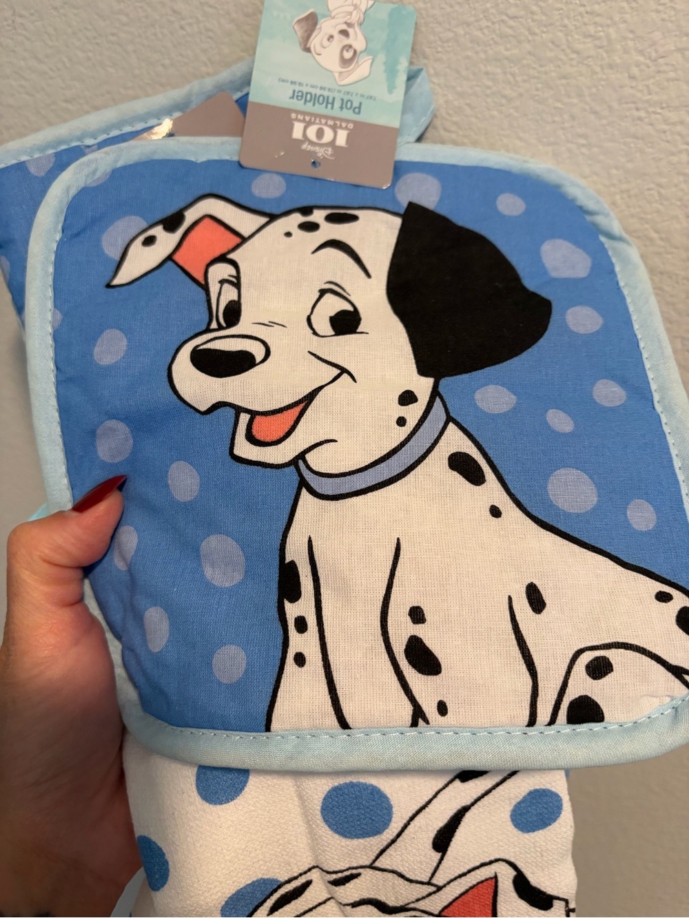 New Disney Blue Dalmatian Polka Dot Pot Holder and Oven Mitt Set